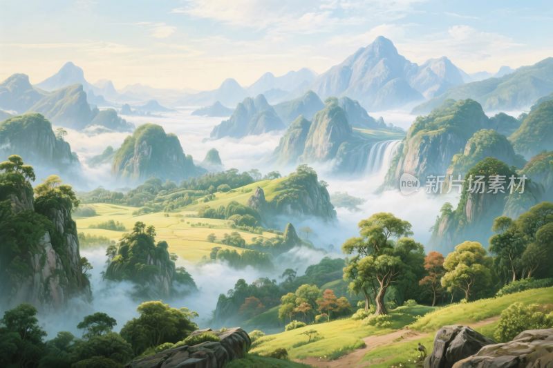 山水云雾风景插画