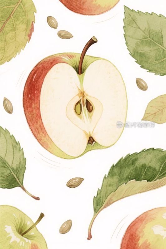 苹果与绿叶坚果插画