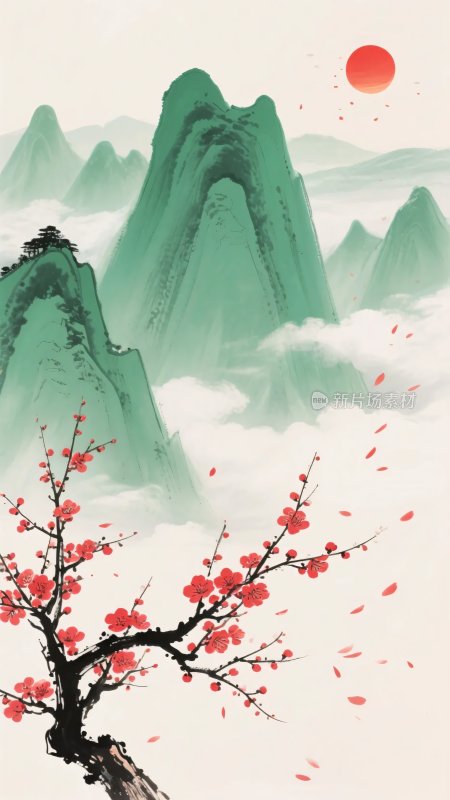 中式山水红梅插画