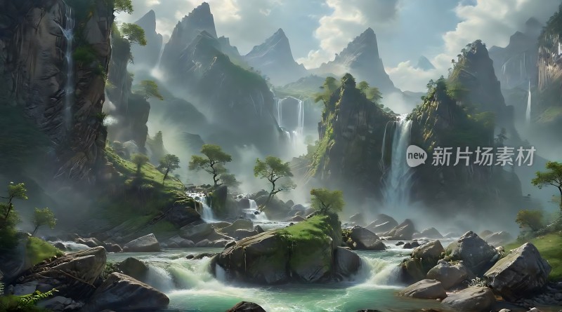 瀑布飞流直下绿树成荫碧波荡漾群山环绕云雾缭绕