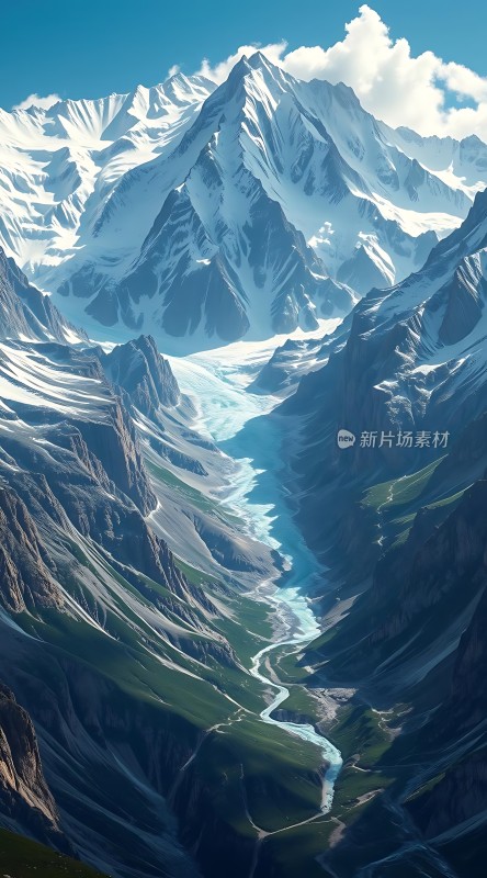 雪峰巍峨冰川蜿蜒绿谷蜿蜒河流潺潺