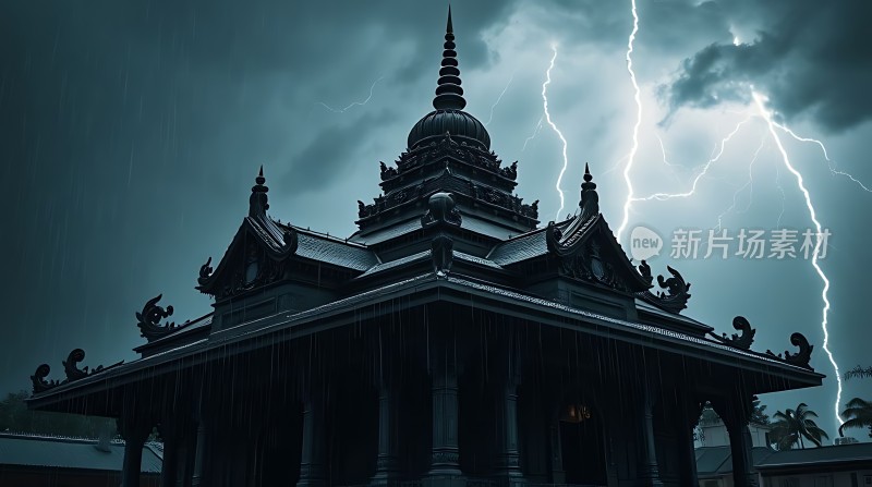 雷雨夜下的神秘古建筑