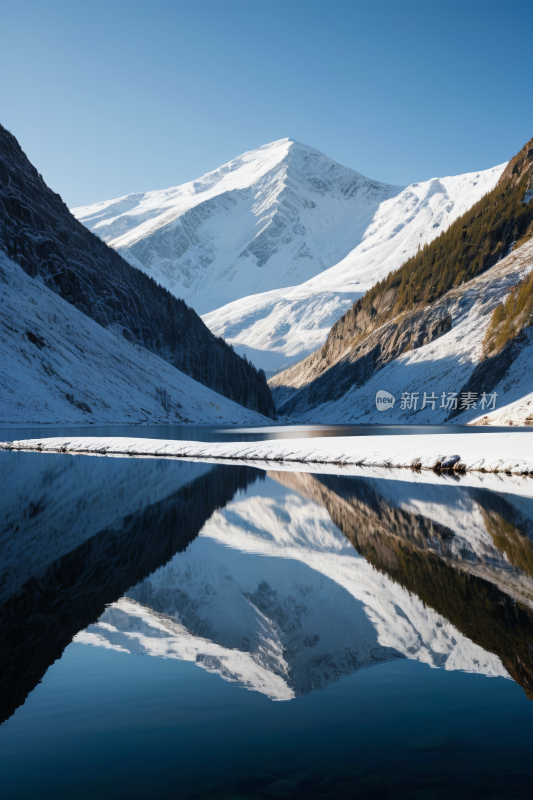 山倒映在雪中的湖水中高清风景图片