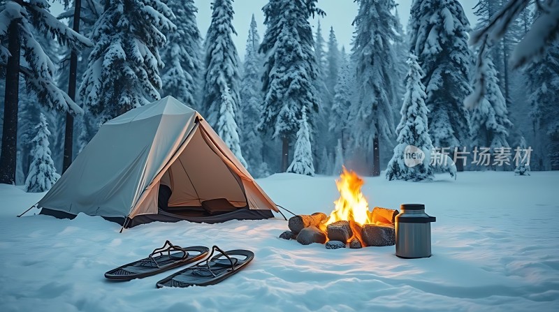 雪地露营篝火帐篷
