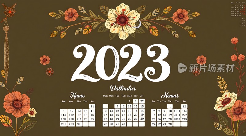 2023年日历花卉图案与优雅设计