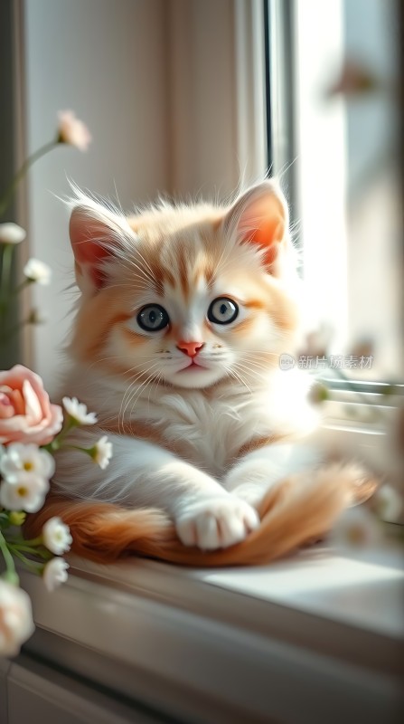 阳光下的橘猫与花朵