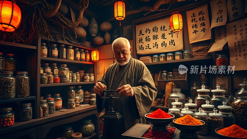 古法中药铺里的老中医在精心调配草药