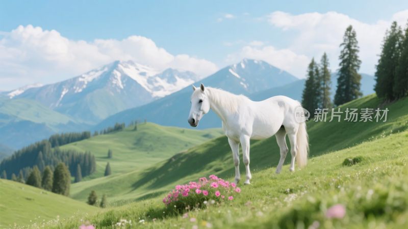 草原上的白马与远山美景