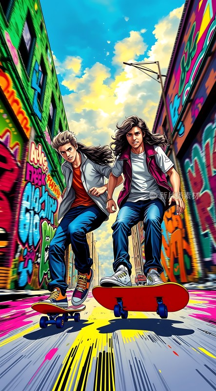 滑板少年城市街头涂鸦中的青春活力