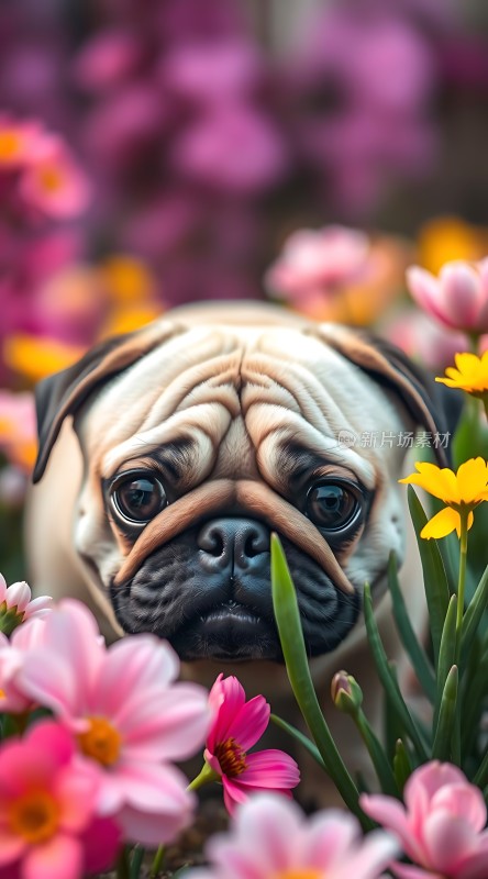 花丛中探出头的小哈巴狗