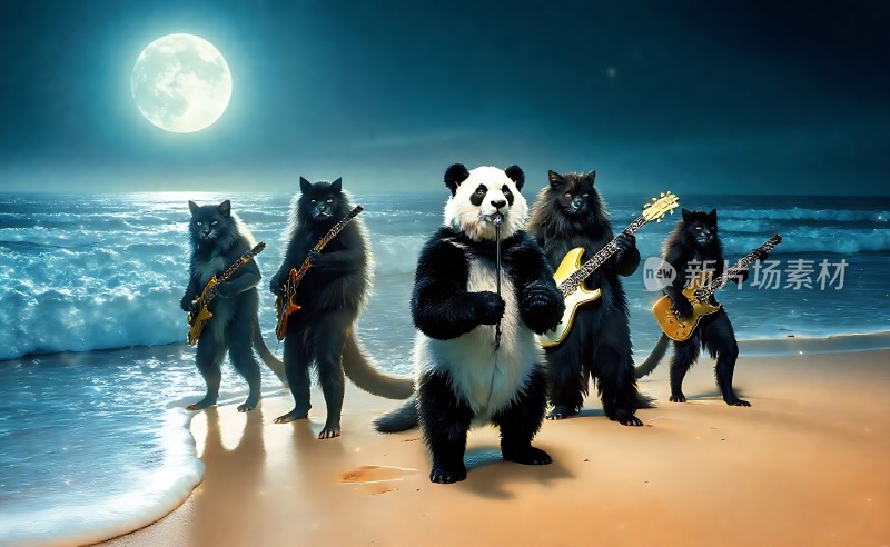 熊猫乐队在沙滩上演奏音乐