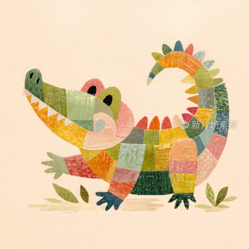 彩色拼接风卡通鳄鱼插画