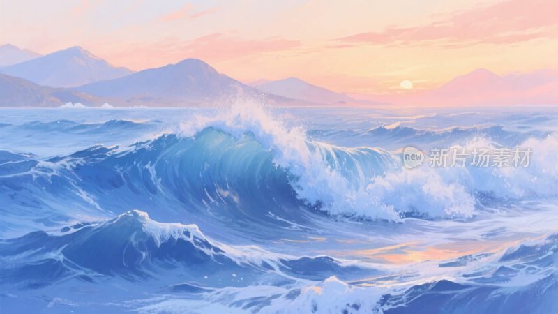 海上日落时的汹涌波浪