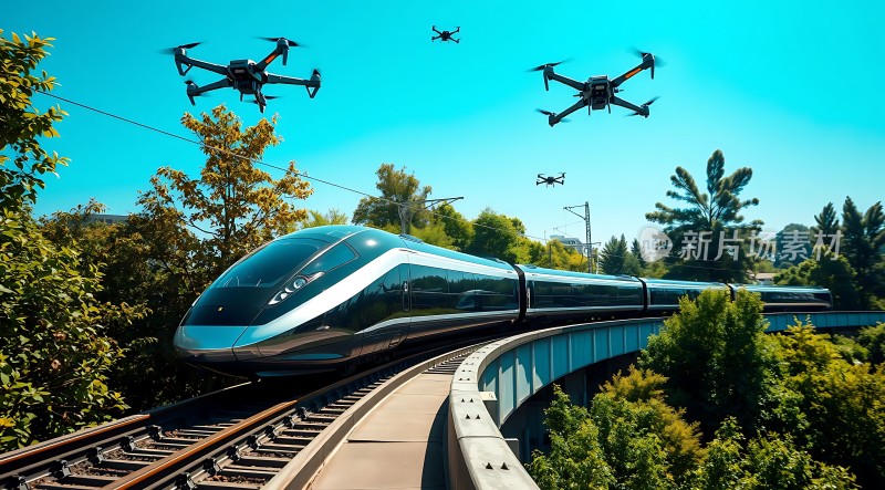 未来科技高速列车与无人机共舞