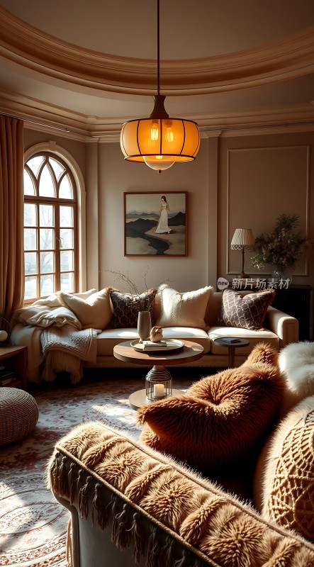 阳光午后温馨客厅舒适沙发艺术装饰优雅氛围