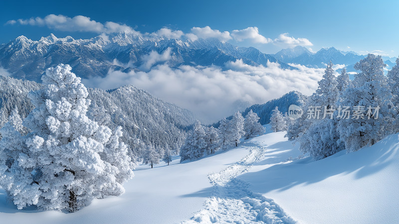 白雪皑皑的雪山森林雪景图