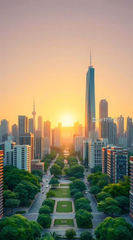城市日出摩天大楼与绿树成荫街道