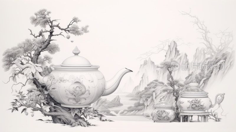 茶杯茶壶茶山茶叶茶树中国风水墨画铅笔画