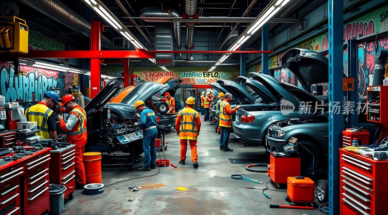车间内工人们忙碌地维修汽车背景墙上的涂鸦和工具箱增添了工业气息