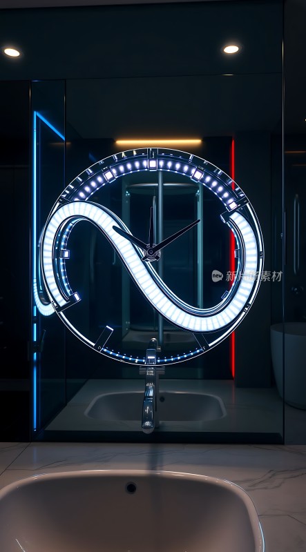 现代浴室设计镜面时钟与洗手台