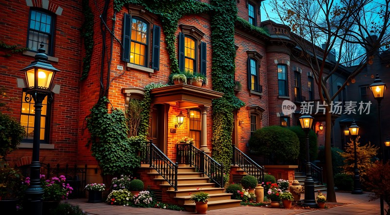 温馨砖房绿意盎然灯光璀璨宁静而美丽