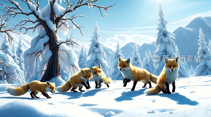 雪地四只狐狸嬉戏