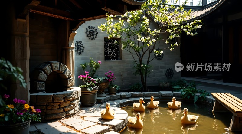 古色古香庭院小鸭戏水春花烂漫