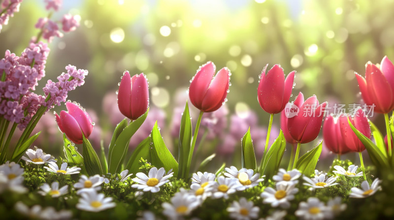 春天春日晨曦中的郁金香小雏菊鲜花