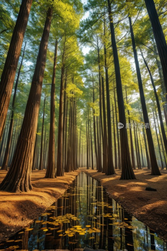 森林里的树木中间一条水流高清风景图片