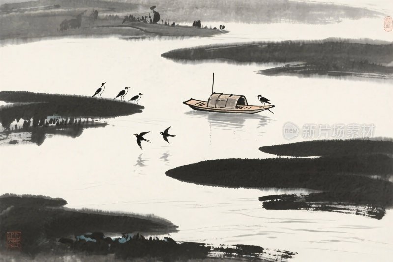 水墨山水小船飞鸟图