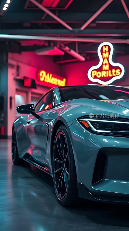 现代跑车与霓虹灯招牌的结合