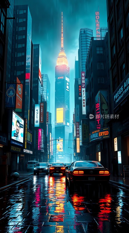 霓虹雨夜车流穿梭繁华都市