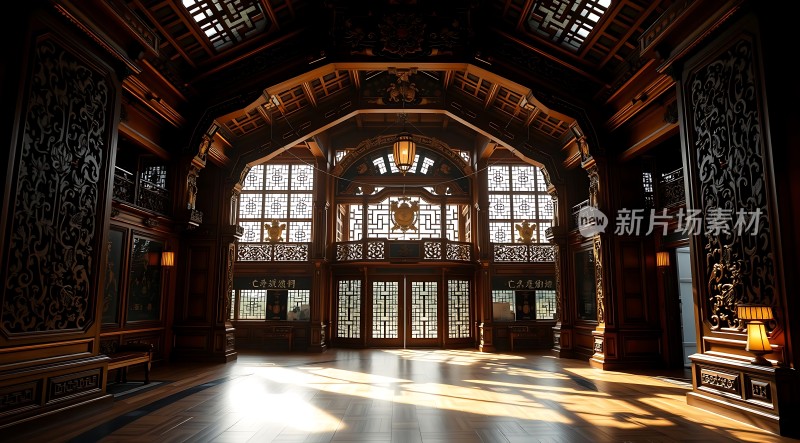 古建筑大厅光影交错木雕窗棂精美绝伦