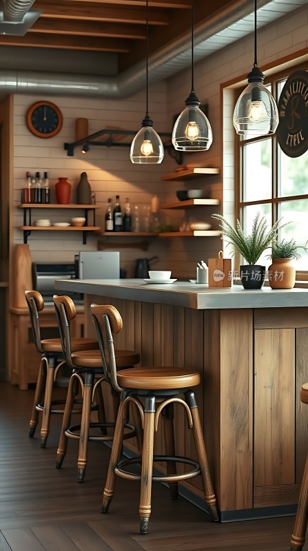 温馨咖啡馆木质吧台与吊灯营造舒适氛围