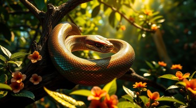 阳光下的树蛇探出头