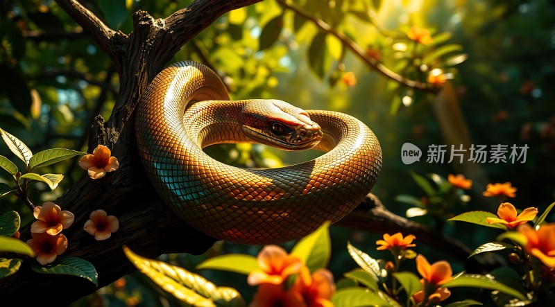 阳光下的树蛇探出头