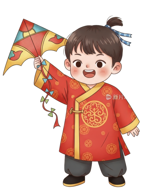 穿着传统服饰玩风筝的男孩