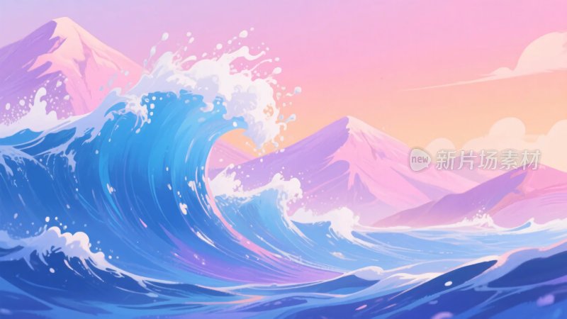 海浪与远山的梦幻插画