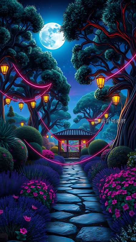 月下花径夜游图
