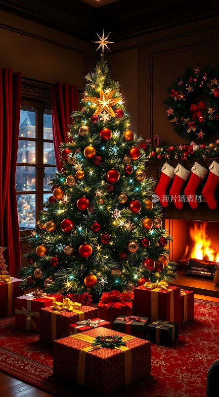 温馨圣诞树下的礼物与壁炉