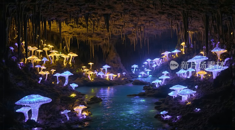 神秘洞穴中的奇幻荧光蘑菇世界