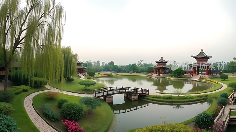 湖边古亭柳垂岸