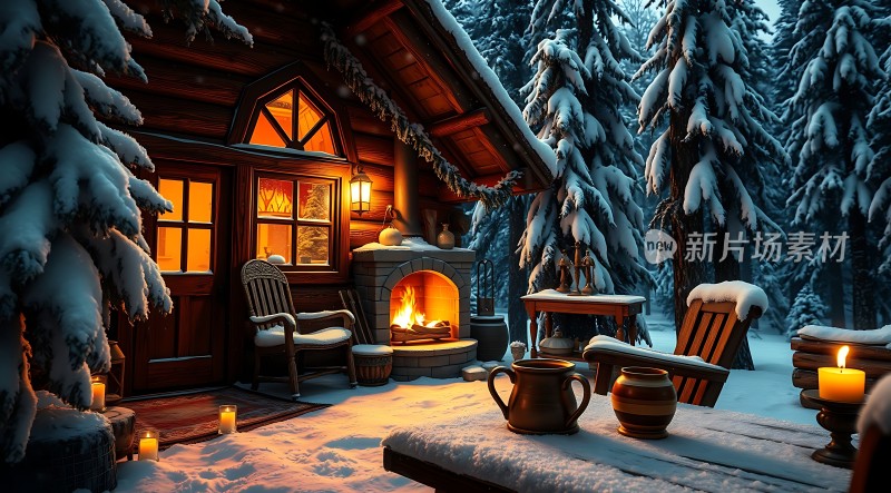 雪夜小木屋温馨 fireplace