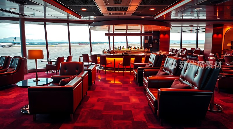 机场豪华休息室红毯绿窗舒适座椅酒吧区飞机跑道尽收眼底