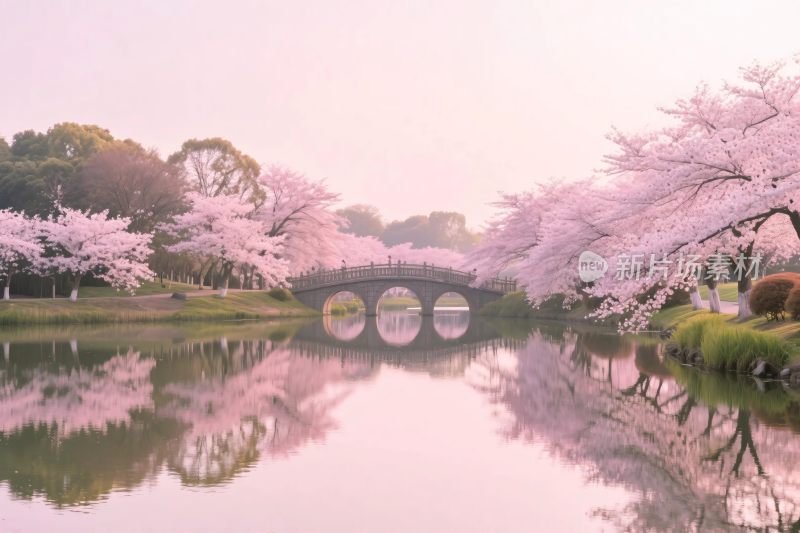 春日樱花湖景图
