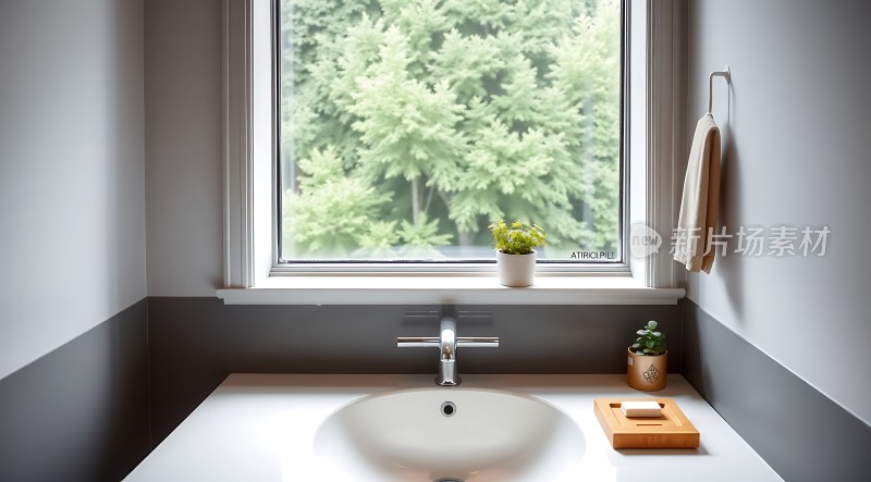 简约浴室一角窗前绿意盎然洗手台整洁有序