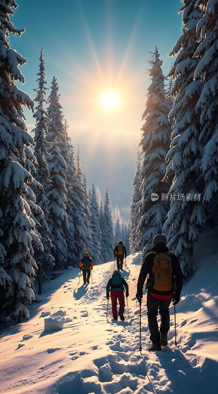 雪地徒步旅行者穿越阳光照耀下的林间小道