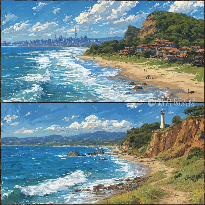 两幅海边风景插画