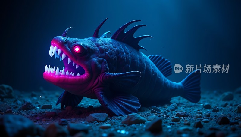 深海怪兽发光的眼睛和锋利的牙齿