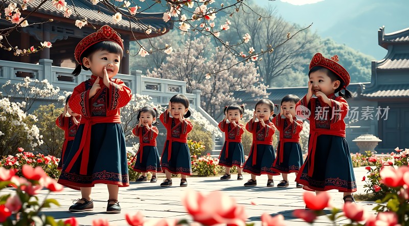 春日花丛中一群身着传统服饰的孩童欢快起舞